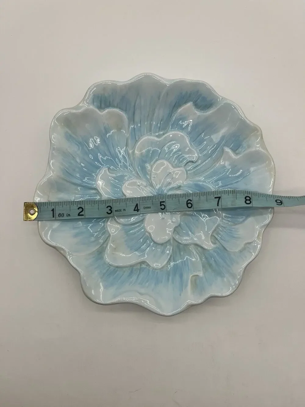 Vintage Blue White Majolica Style Floral Plate Relief Flower Ceramic Decorative